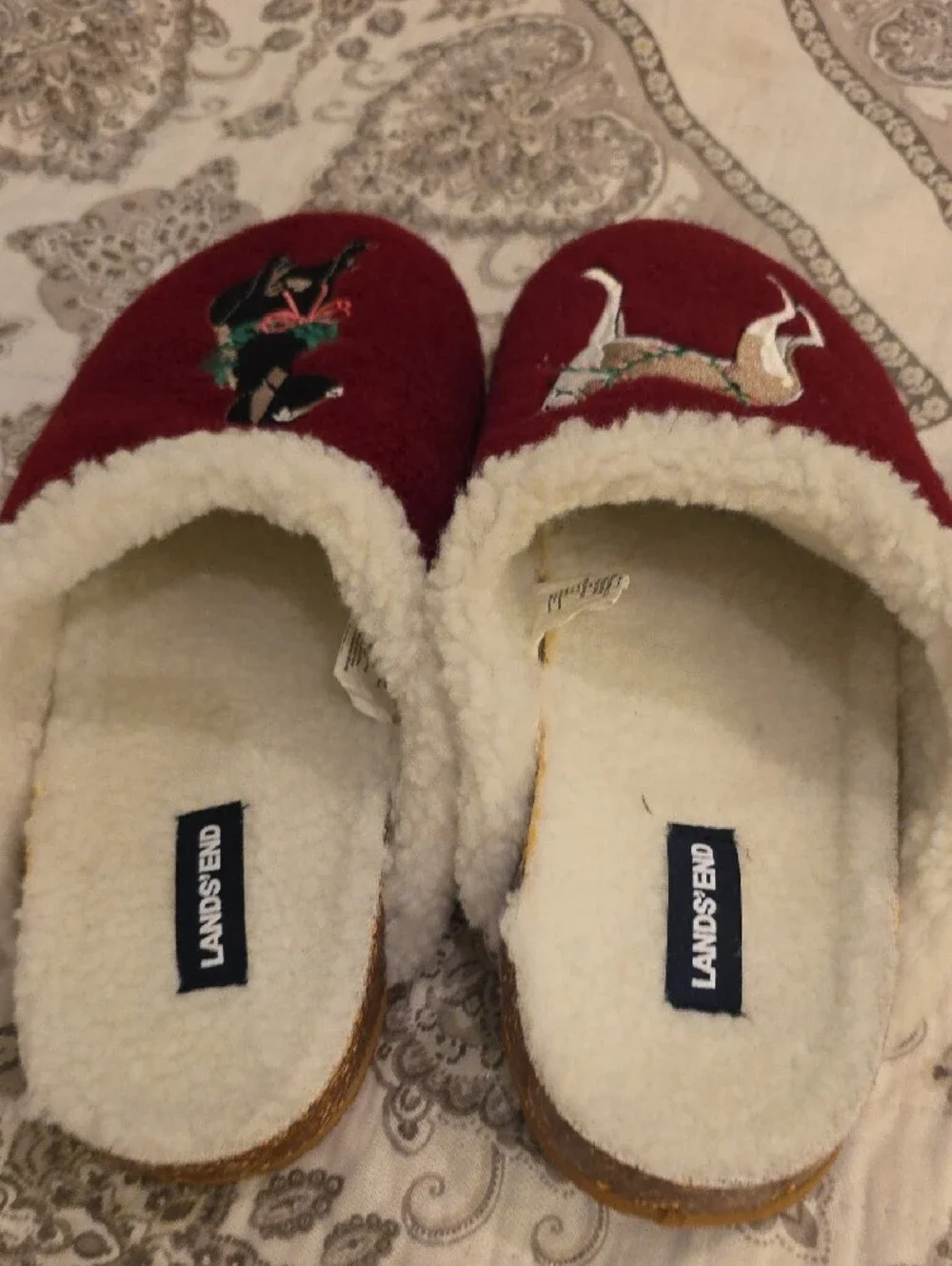 Lands' End Red Dog Embroidered Natural Sherpa-Lined Slippers